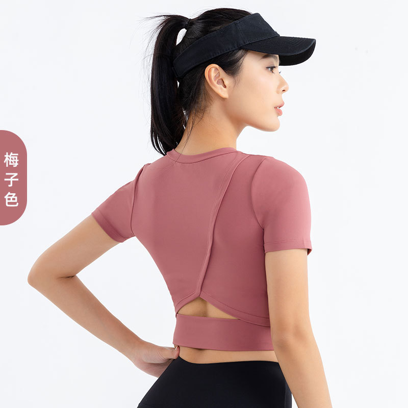 秋冬新款瑜伽服短袖女 裸感露脐开背运动上衣 修身速干健身服t恤|undefined