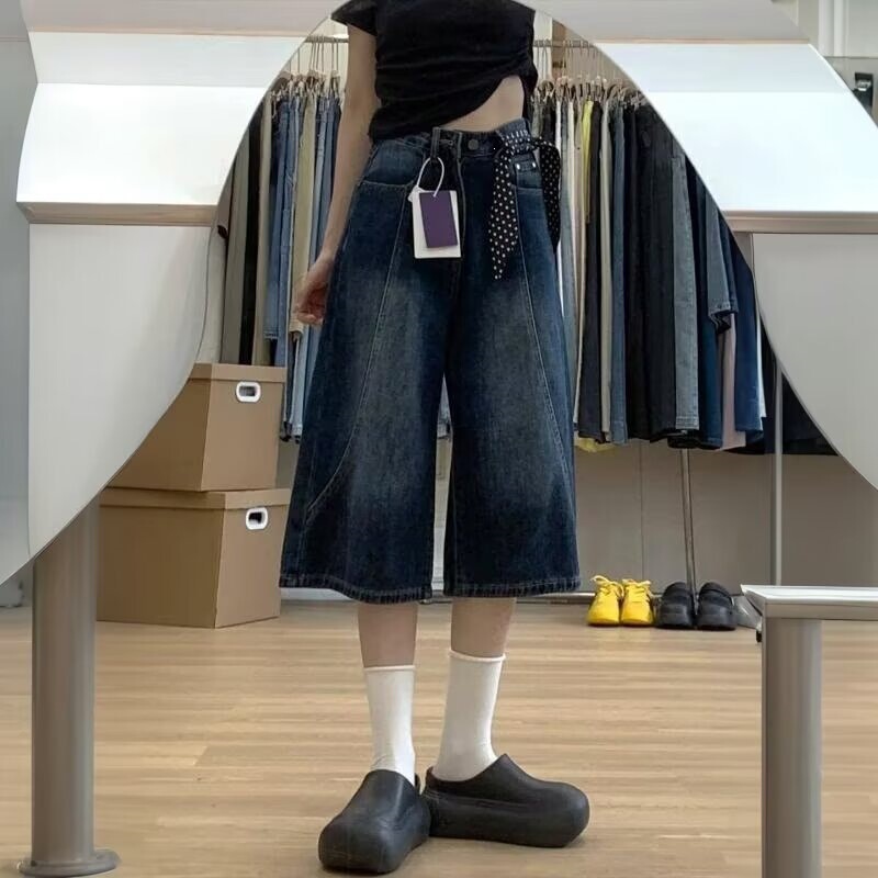 American Retro Straight-Leg Denim Cropped Pants for Women, New Summer Style, Plus-Size, Flattering for Pear-Shaped Body, Loose Wide-Leg Pants American Retro Straight-Leg Denim Cropped Pants for Women, New Summer Style, Plus-Size, Flattering for Pear-Shaped Body, Loose Wide-Leg Pants