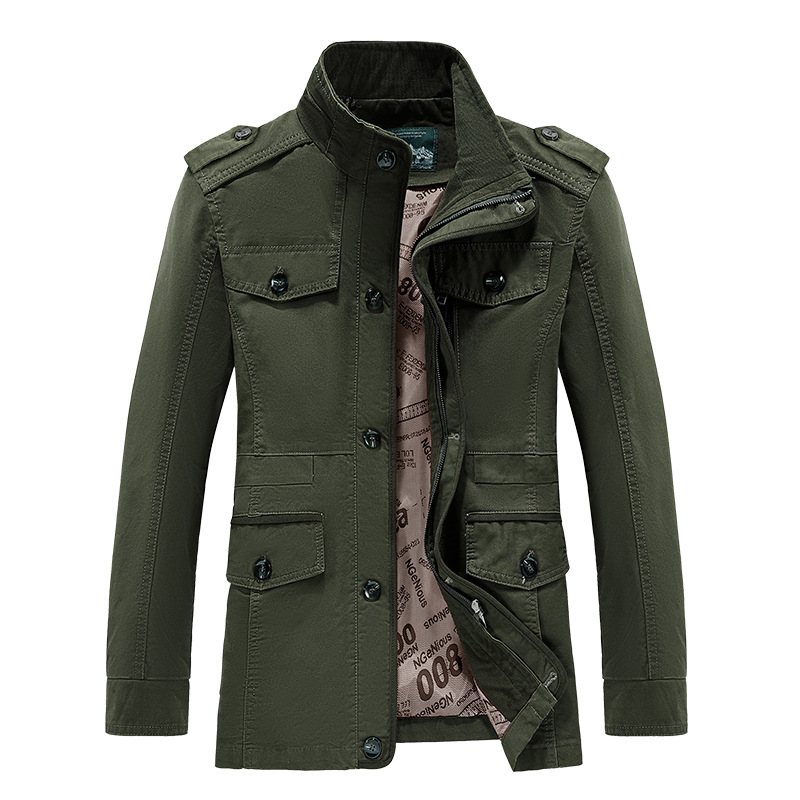 Men's Clothing Pure cotton men's jacket new spring and autumn thin stand collar men's coat casual loose large size mid length top_voghion.com