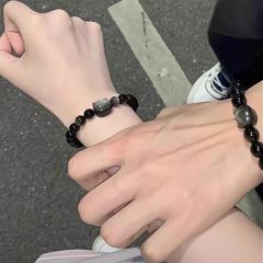 天然黑曜石情侣手链一对情侣款男女银曜石猫咪手串圣诞礼物轻奢礼