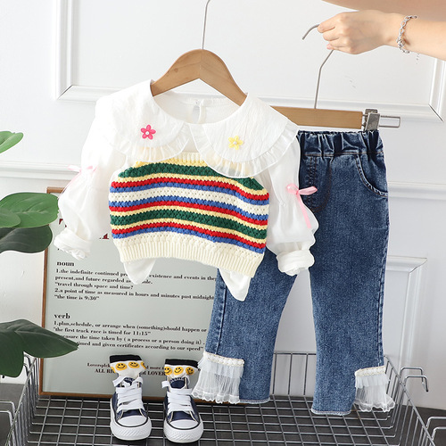 Fashionable Autumn Children's Clothing Girls Suit Spring Autumn New Fashionable Baby Girl Striped Vest Long Sleeve Three-piece Set on behalf of
