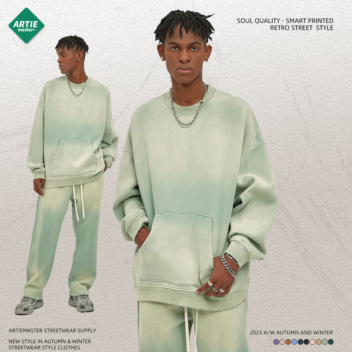 ARTIE ropa de hombre 2023 Otoño e Invierno Nuevo 360g teñido en aerosol angustiado suéter de cuello redondo suéter de hombre lavado desgastado