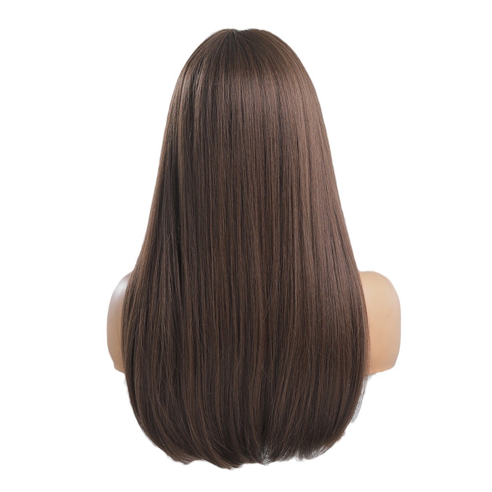 Nueva Venta caliente Qi flequillo natural marrón mullido coreano pelo largo pelo recto moda peluca fibra química cubierta de la cabeza completa pelucas