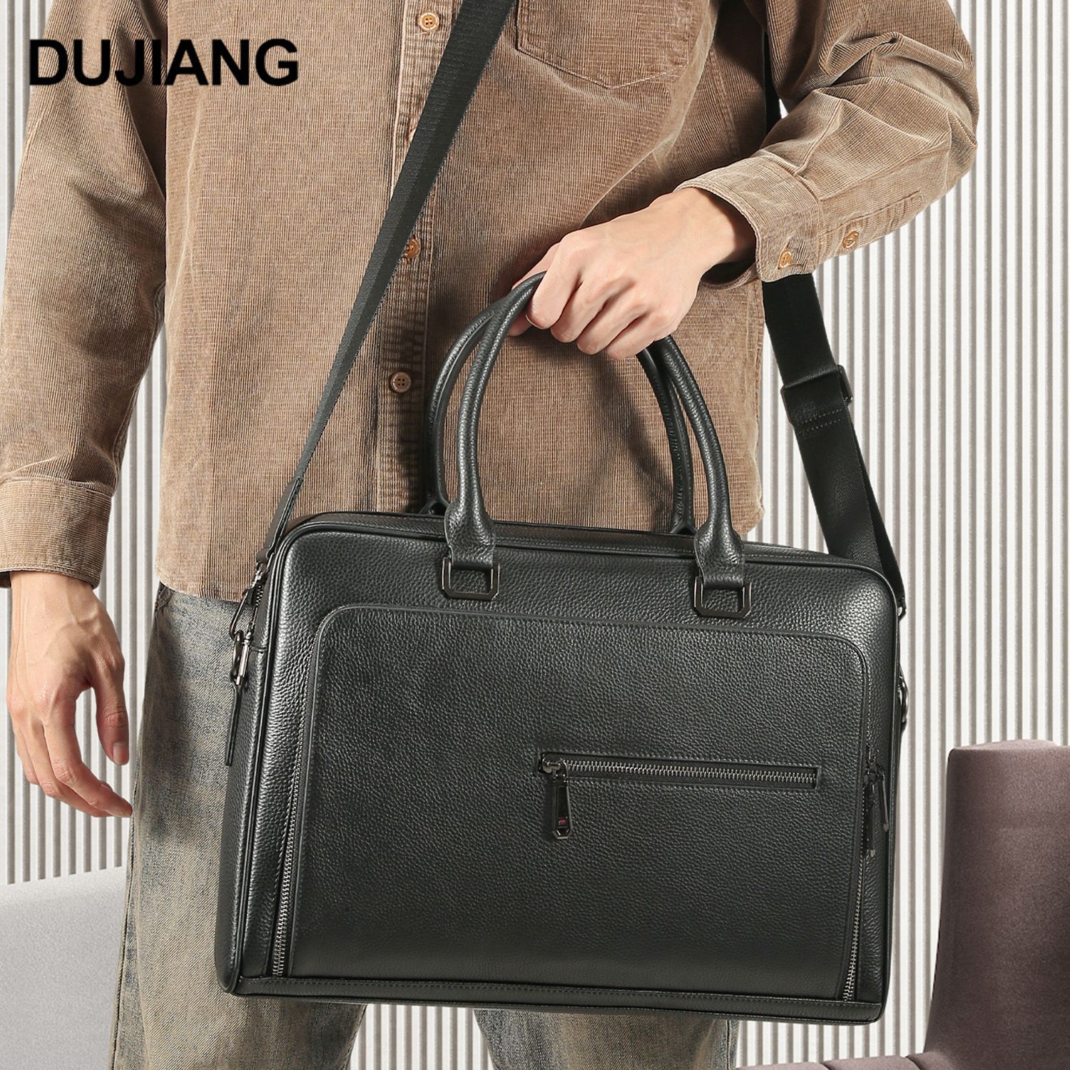 First-Layer Cowhide Briefcase, Classic Business Men's Handbag, Cross-Border Genuine Leather Large-Capacity Computer Bag, Simple Men's Bag