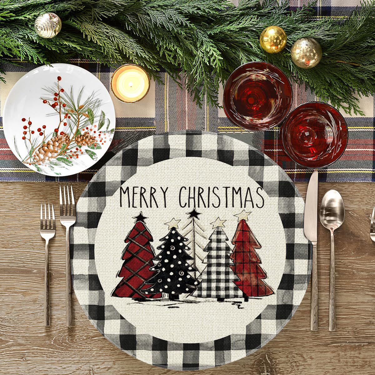 Ronda Navidad Lino placemat camino de mesa vacaciones árbol de Navidad muñeco de nieve tela placemat lavable decorativo diseño estera