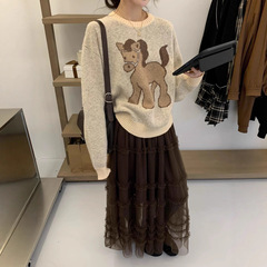 早秋松弛感甜酷风小马提花毛衣小个子宽松慵懒风复古miu系针织衫