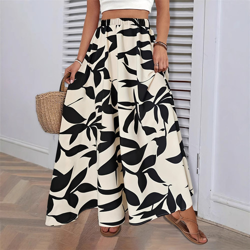 Ins elastic waist printed long A-line semi-slip dress summer high-end temperament commuting drape pleated skirt women's clothing