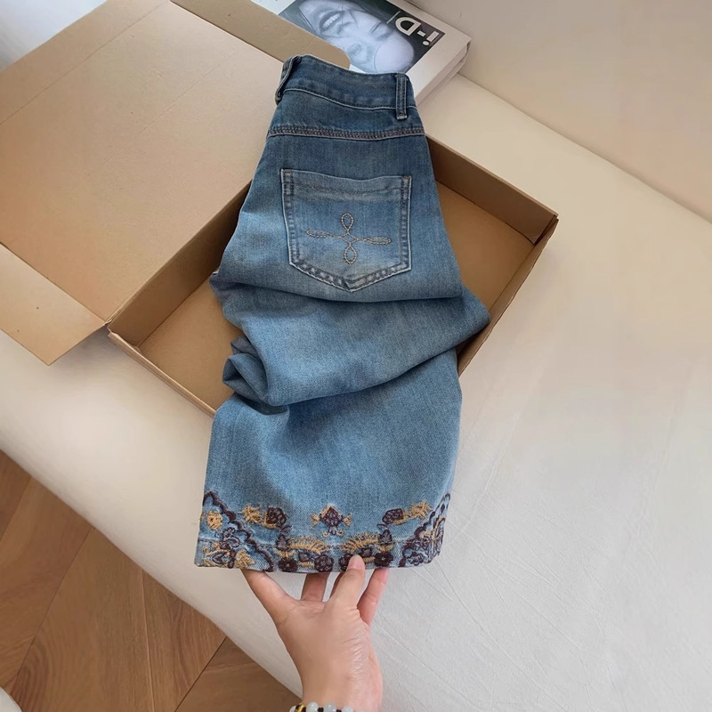 新しい中国風のハイエンド刺繍ブルーナローストレートソフトデニムパンツ女性の夏薄いルーズ 8 点パンツ|undefined