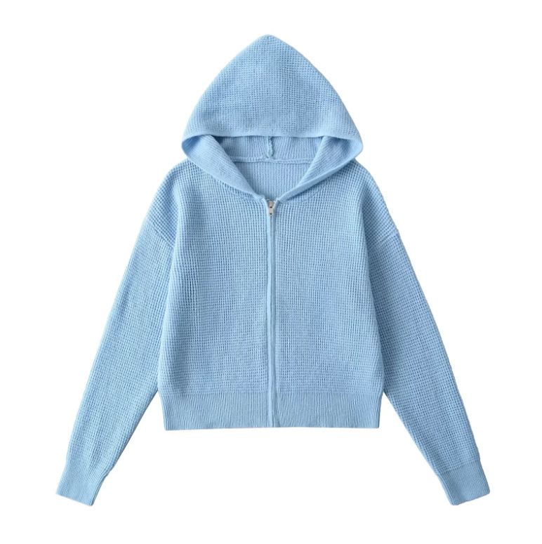 Hot Girl Style Fashionable Outer Waffe Knitted Coat Women's Lazy Trendy Hooded Zipper Long Sleeve Cardigan Top