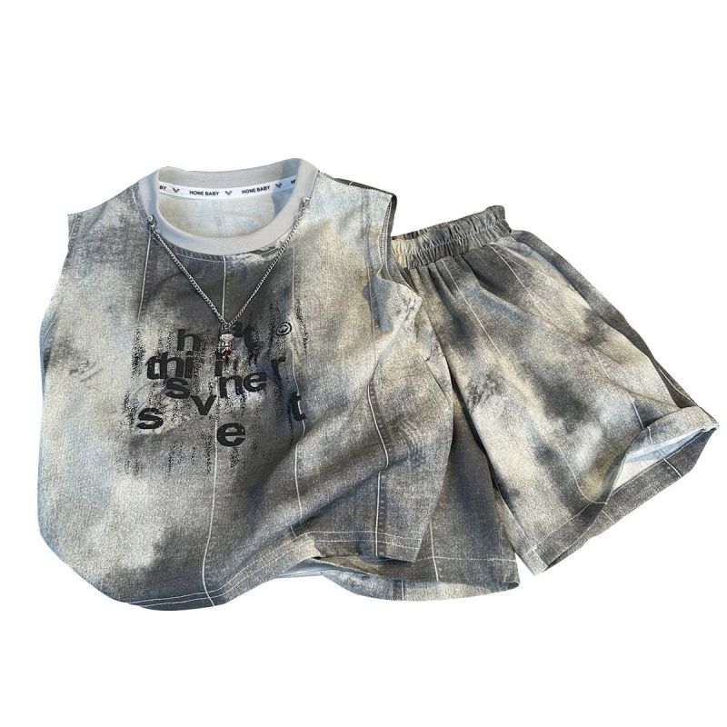 男の子ベストスーツ夏服トレンディでクールな子供用ノースリーブTシャツ2点セットベビー男の子夏薄手のおしゃれな服|undefined