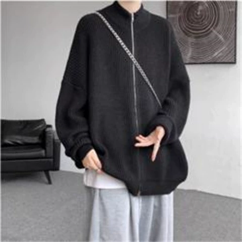 Кардиган, демисезон, японский ретро-свитер, мужская knitted куртка на молнии, свободный силуэт