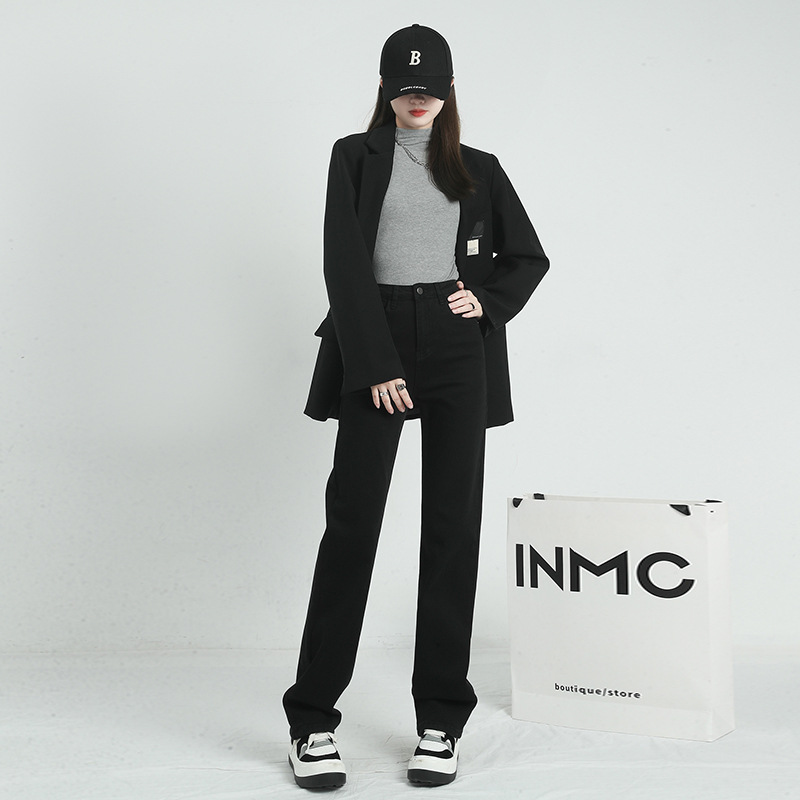 弹力牛仔裤女秋冬新款宽松高腰显瘦直筒裤修身百搭休闲长裤韩版|ru