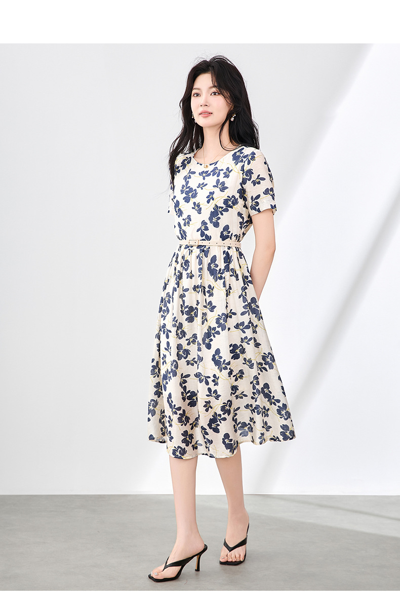 Váy maxi nữ tay ngắn thắt lưng chất liệu Tencel linen in họa tiết — Màu đen chi tiết 11