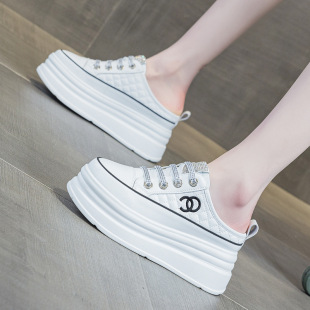 2025 new thick bottom muffin height small fragrant style rhinestone heel-free pedal bag head drag casual half drag women