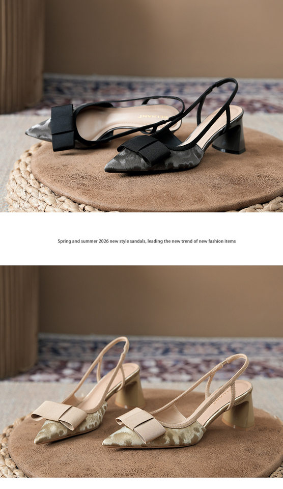 Sandal cao gót nữ mũi nhọn hở gót gót thô đính nơ phong cách công sở, gót 6–8 cm — Màu kaki, Màu xám bạc, màu đen chi tiết 14