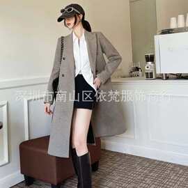深圳南油高端女装欧美经典双排扣复古时髦高级人字纹羊毛大衣外套