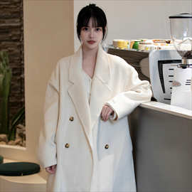 韩系休闲长毛双面羊绒大衣毛呢外套茧型慵懒风100%澳洲羊毛大衣女