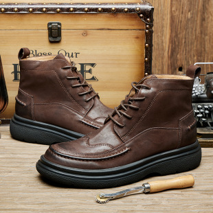 Winter Brock Martin Boots Men's High-top Leather Shoes British Style Cowhide Boots Men's Round Toe Short Boots Mid-top Workwear Boots
