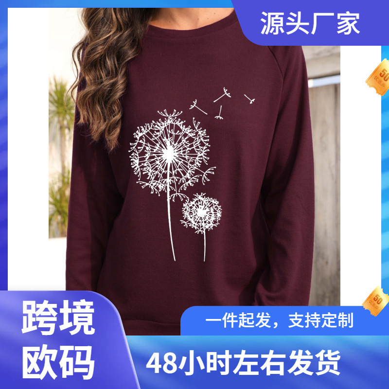 Dandelion printed sweater, long sleeve crew neck pullover sweater, autumn and winter casual jacket, women's clothing