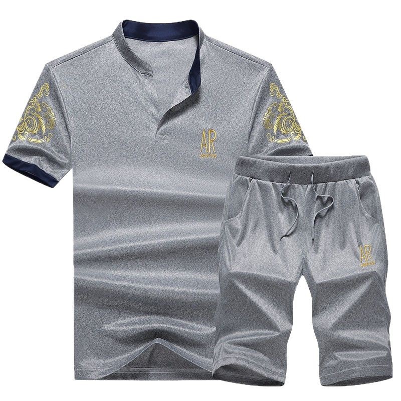 Trajes deportivos transfronterizos para hombres, trajes deportivos de verano de manga corta, camisetas de cuello para hombres, pantalones cortos, trajes de comercio exterior