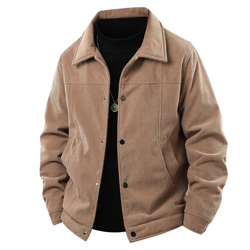 Cross-Border 2025 Autumn and Winter Men's Jacket Corduroy Lapel Pure Color Business Casual Fleece-Lined Thickeneded Warm Jacket Cotton