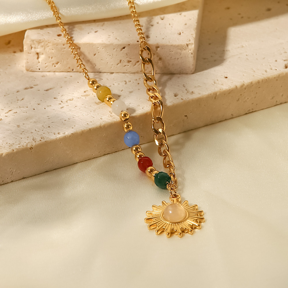 Fashion Sun Stainless Steel Pendant Necklace Gold Plated Inlay Opal Stainless Steel Necklaces display picture 1