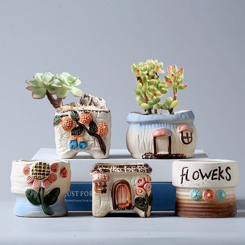 2025 new pastoral painted succulent flowerpot ceramic frosted coarse pottery painted meat pot crafts clearance wholesale