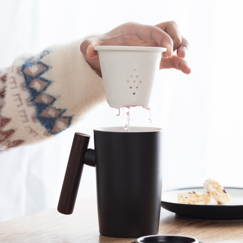 Wenchuang mango de madera taza de cerámica taza de café taza de agua con cubierta cuchara caja de regalo bolsa LOGO tallado