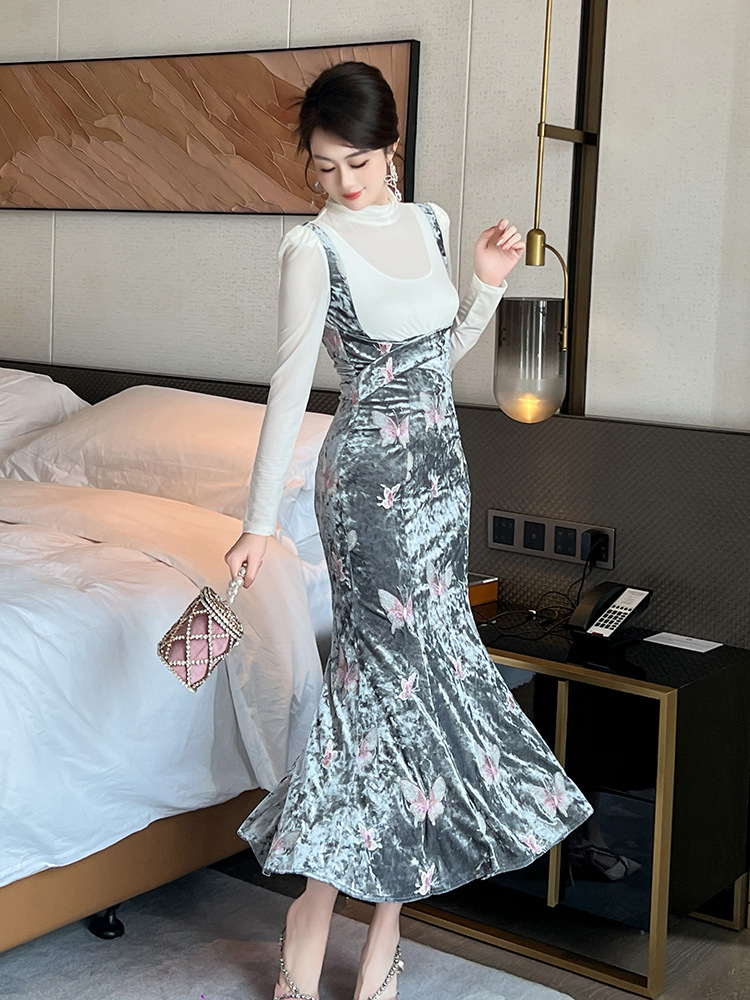 Váy liền ôm body chất nhung thêu hoa, phong cách nhẹ nhàng — Xám mưa phùn