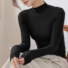 黑色莫代尔半高领打底衫女2024新款春秋冬内搭长袖中领修身上衣