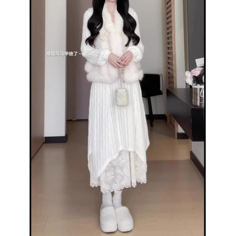 法式高级长袖白色连衣裙女秋冬配大衣内搭打底字裙蕾丝拼接长裙|undefined