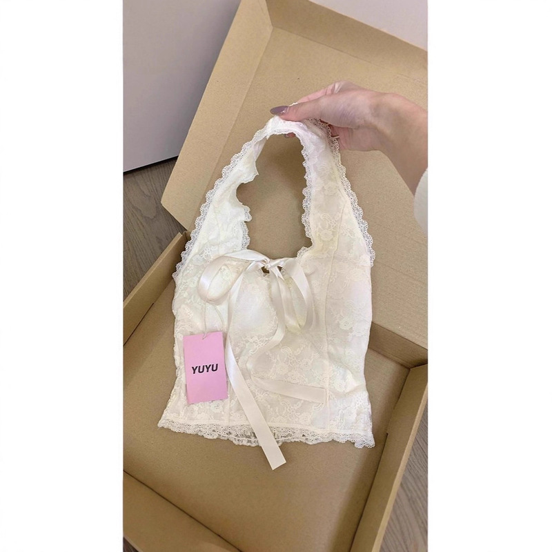 Pure Desire Lace Halter Vest Women's Strap Bow Summer Beautiful Back Sweet Hot Girl Inner Wear Outerwear Top with Breast Pad