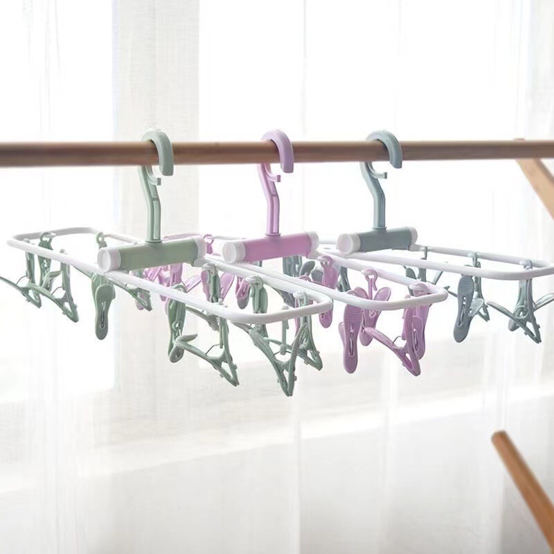 Factory wholesale 12 clip foldable hanger underwear socks drying rack windproof portable plastic hanger with clip