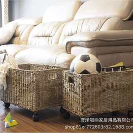 手工编织可折叠仿藤收纳筐带轮简约脏衣内衣物收纳玩具零食储物篮