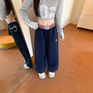 美式复古格子拼接假两件休闲裤女春秋新款设计感双腰头运动阔腿裤