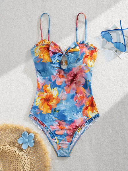 Big Sale Style Youthful Simple Bow Cute Girl Pastoral Smudged Flower Pattern Vacation Beach One Piece