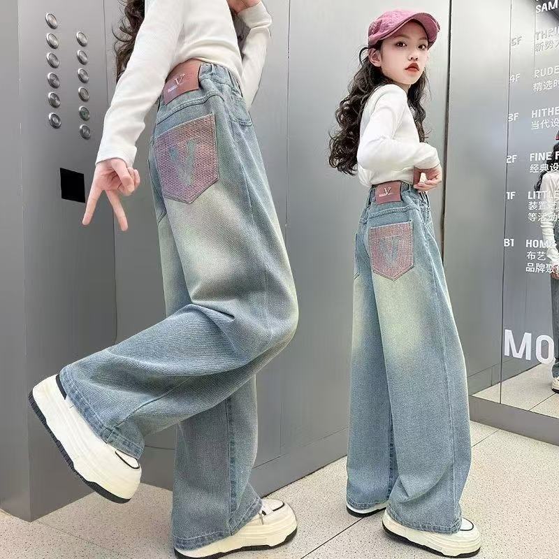Girls' Jeans Spring 2026 New Style Casual Straight Pants for School Girls, Children's Spring and Autumn Thin Wide-Leg Trousers Trendy