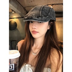 日系复古黑色水洗牛仔前进帽女大头围帽子显脸小贝雷帽反戴报童帽