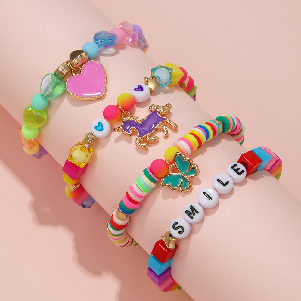Sweet Heart Shape Unicorn Butterfly Arylic Alloy soft clay Handmade Kidu0027S Bracelets 1 Set