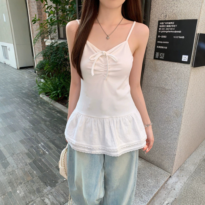 French-Style V-Neck Bow-Tie Strap Camisole for Women, Summer Lace Patchwork Waist-Cinching Top Wholesale French-Style V-Neck Bow-Tie Strap Camisole for Women, Summer Lace Patchwork Waist-Cinching Top Wholesale