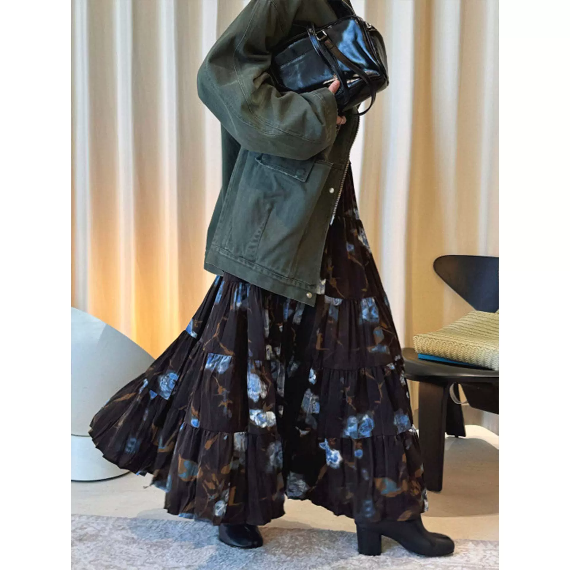 卢浮春季新款韩系复古时髦高腰印花晕染褶皱半身裙宽松廓形上衣女