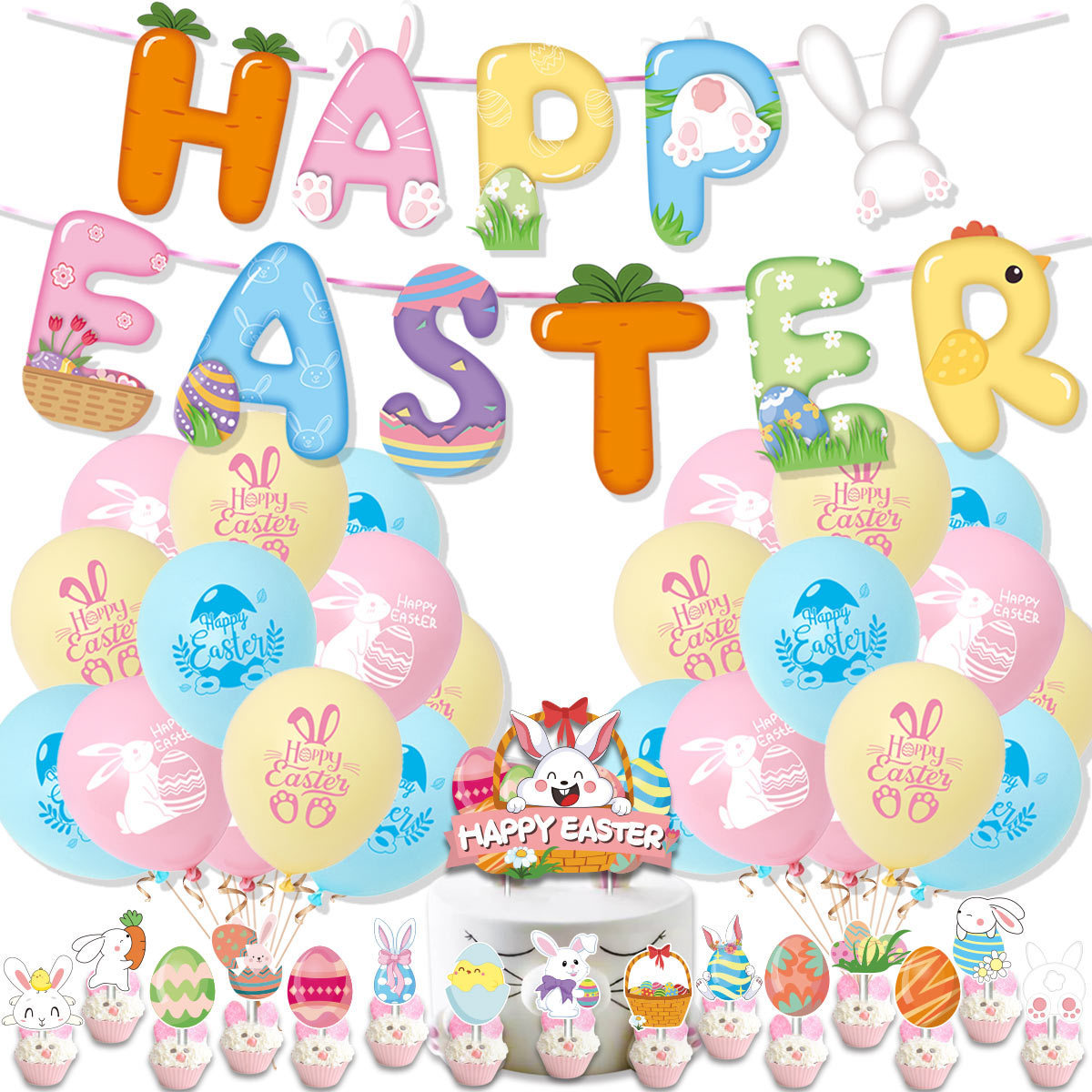 新款復活節派對裝飾 Easter拉旗蛋糕插牌 復活蛋兔子氣球節日布置