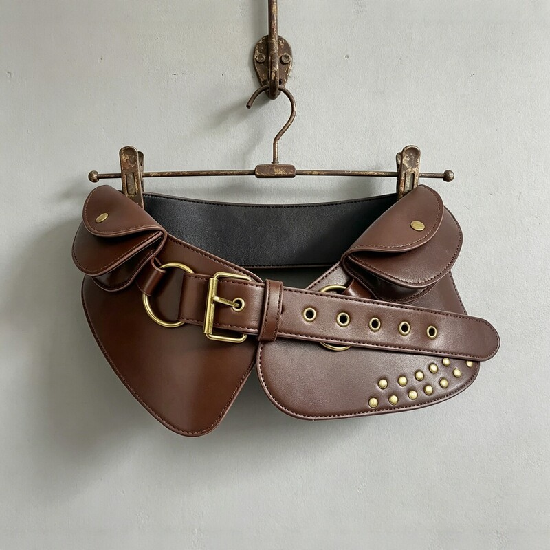 Vintage Studded Wide Belt for Women, European and American Style Leather Waist Belt Decoration, Versatile Punk Style Brown and Black Waist Bag Y2K