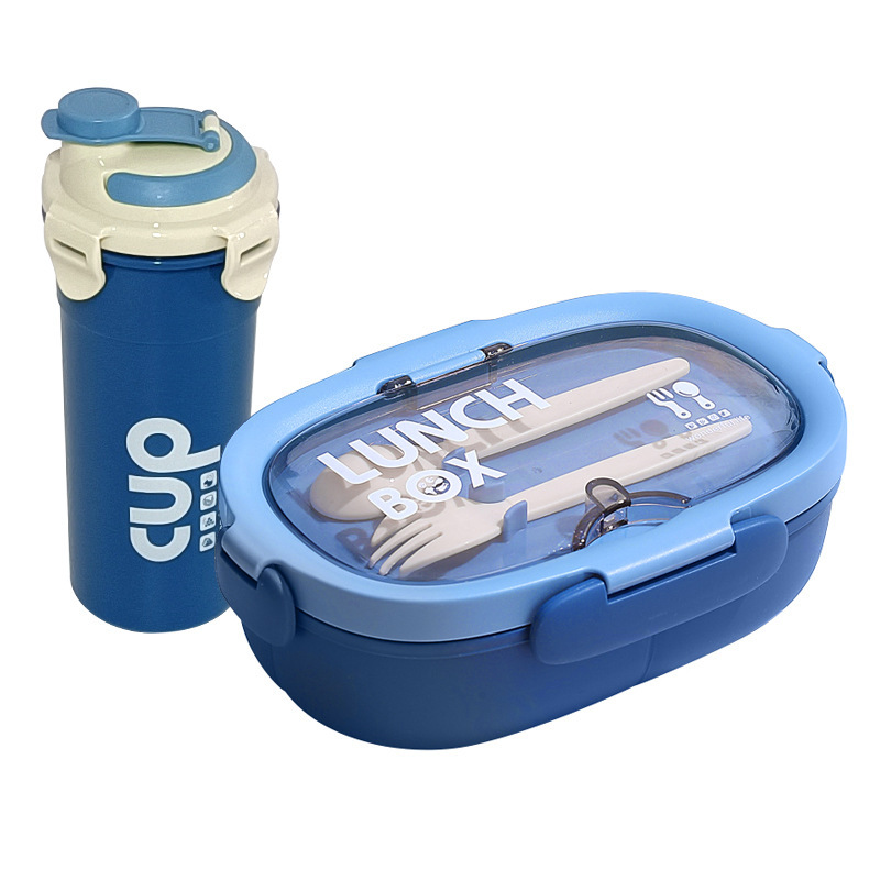 Caja de almuerzo de estilo coreano elíptico simple para estudiantes de oficina, caja de almuerzo portátil, platos divididos con tazas de agua, set de cubiertos