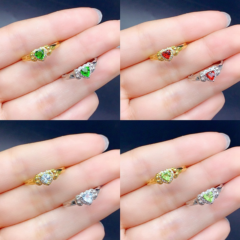 New S925 Sterling Silver Finely Crafted Rings Inlaid with Natural Peridot, Topaz, and Other Colored Gemstones, Heavy Craftsmanship, Vintage Style, Wholesale