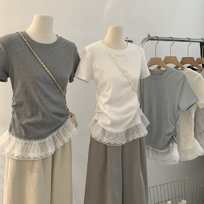 High Quality 92 Cotton 8 Spandex Lace Hem Splicing Short-Sleeved T-Shirt Women's Summer Design Slim Bottoming Shirt Top