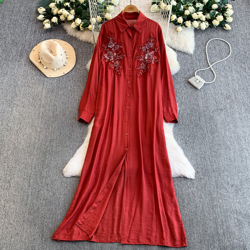 French-Style Elegant and Sophisticated Embroidered Sequin Lapel Shirt Dress for Women, New Casual Cardigan Long Dress