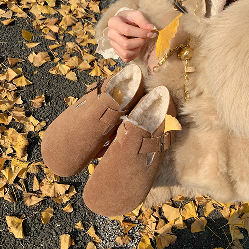 Zapatos de cuero genuino para mujer, zapatos de felpa cálidos de suela gruesa con todo incluido vintage, mocasines deslizantes