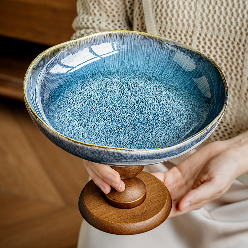 軽くて豪華なハイエンドのレトロな木製の背の高いフルーツプレートセラミックスナックトレイフルーツプレート玄関装飾品クロスボーダー輸出|undefined