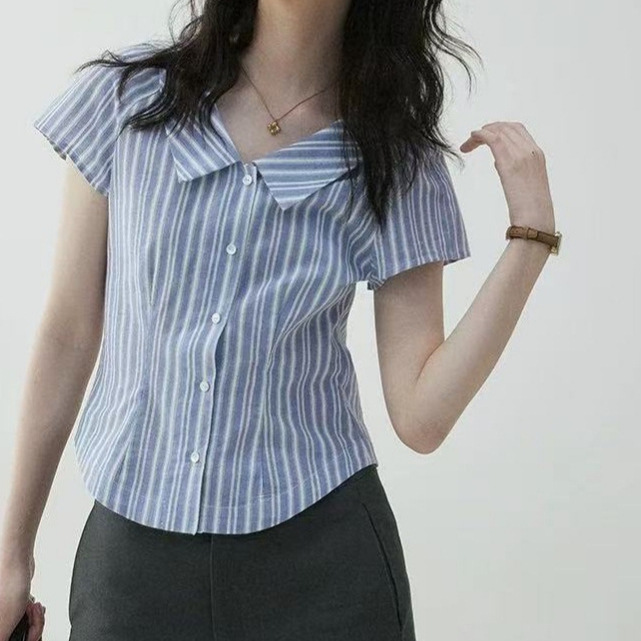 "Mustard Pie" Solid Color Lapel Slim-Fit Short-Sleeve Shirt for Women, Summer 26, Single-Breasted Versatile Top